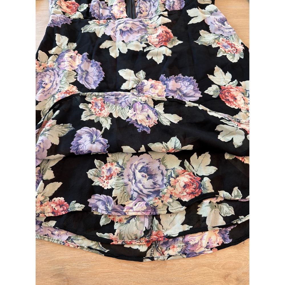 Reformation Floral Mini Dress Black Purple Long Sleeve V-Neck Fit & Flare - Picture 4 of 8